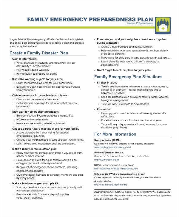 Family Emergency Preparedness Plan Template Inspirational Free 29 Emergency Plan Examples In Pdf