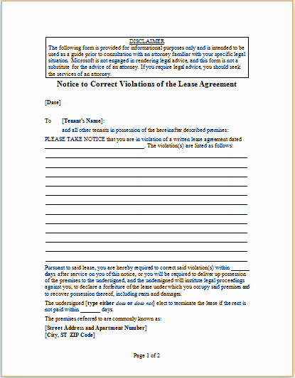 Lease Violation Notice Template Lovely Letter to Correct Violations Of Lease Agreement